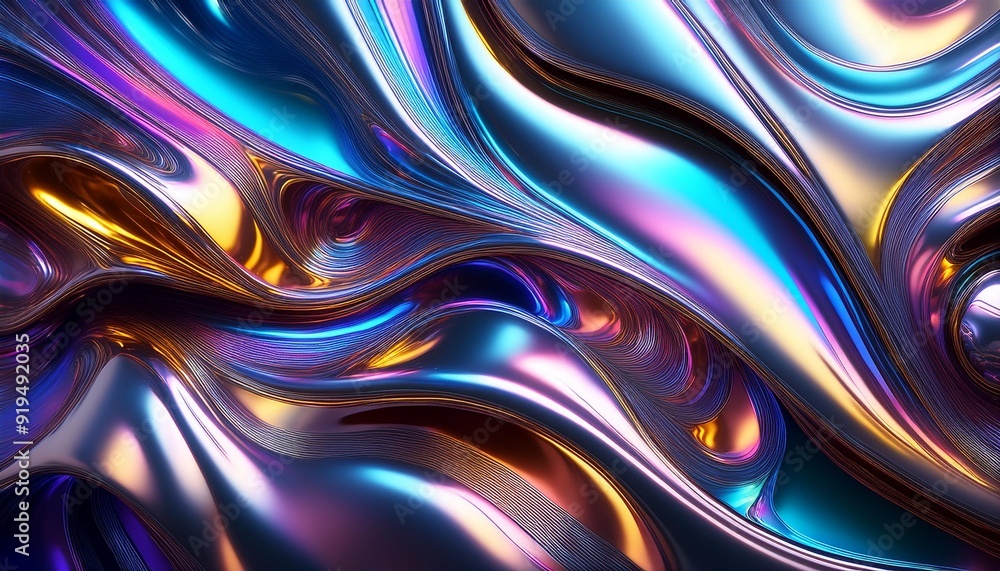 Wall mural futuristic chrome surface with liquid metal effect iridescent highlights creating a dynamic and refl