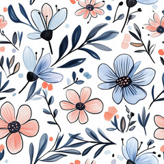 handdrawn painting of cute and beautiful flowers, white background