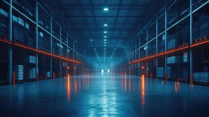 Warehouse interior with LED lighting, industrial building, distribution retail center, part of storage and shipping system. The generation of AI