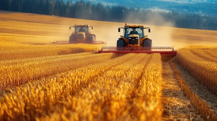 Obraz premium Tractors harvesting crops in golden field