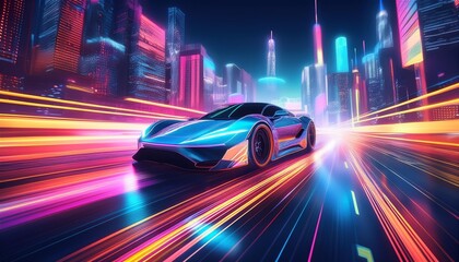 Fototapeta premium futuristic neon sports car racing through a vibrant night cityscape leaving trails of light highspeed motion blur sleek aerodynamic design glowing accents against dark urban backdrop