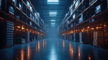Fototapeta premium Warehouse interior with LED lighting, industrial building, distribution retail center, part of storage and shipping system. The generation of AI