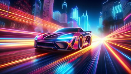 Fototapeta premium futuristic neon sports car racing through a vibrant night cityscape leaving trails of light highspeed motion blur sleek aerodynamic design glowing accents against dark urban backdrop