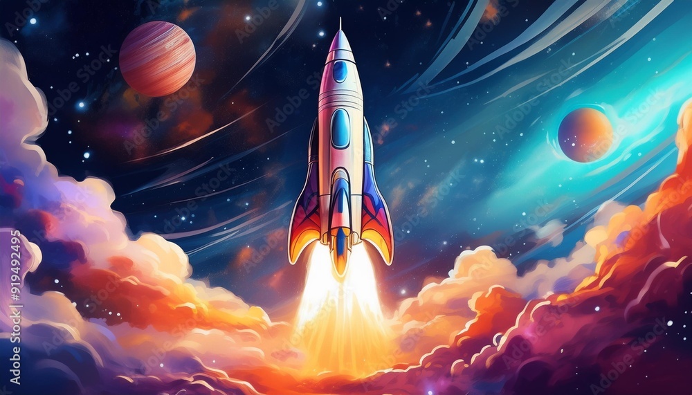 Wall mural futuristic space rocket soaring through vibrant clouds sleek design with glowing engines against a b