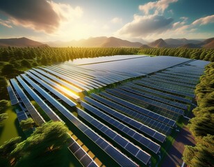 futuristic solar farm sleek panel arrays drone perspective sustainable technology vibrant green landscape