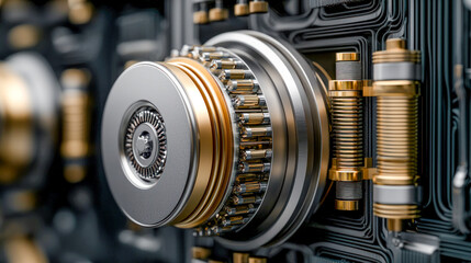 Fototapeta premium Representation of quantum processors with cooling systems and nested chips based on superconducting circuits symbolizing modern technological advancements in quantum computing