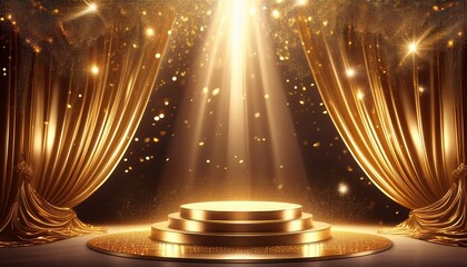 glamorous awards ceremony elegant stage with golden podium bathed in dramatic spotlight shimmering curtain backdrop and floating particles create an atmosphere of anticipation and prestige