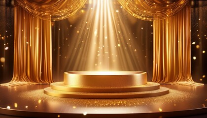 glamorous awards ceremony elegant stage with golden podium bathed in dramatic spotlight shimmering curtain backdrop and floating particles create an atmosphere of anticipation and prestige