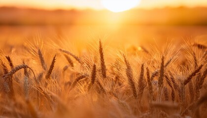 Fototapeta premium golden wheat field at sunset closeup of ripe ears swaying in gentle breeze warm light creating halo effect agricultural abundance