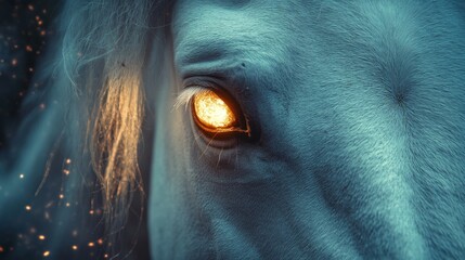 Fototapeta premium Close-up of a horse's glowing eye with mystical fire inside in 3D animation