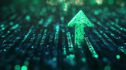 Futuristic arrow symbol pointing upward through a glowing matrix of binary data code representing the concept.