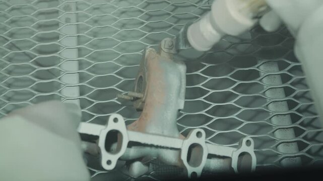 Close up cleaning and removing rust from car turbine turbocharger using a sandblasting machine