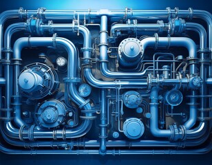 intricate industrial water system overhead view of gleaming steel pipes valves and pumps cool blue tones complex mazelike structure