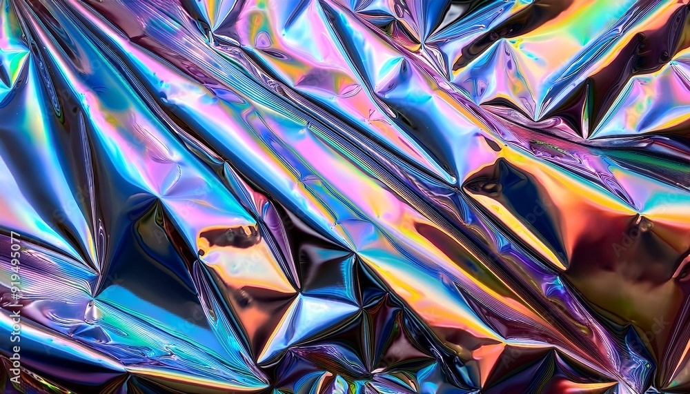 Wall mural iridescent holographic background with crumpled chrome texture shimmering silver surface with rainbo
