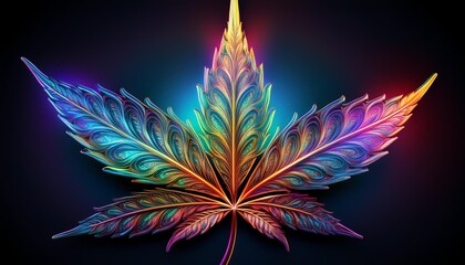 iridescent cannabis leaf with fractal patterns vibrant colors shift across the surface creating a psychedelic effect against a dark background