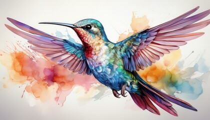 iridescent hummingbird midflight rendered in dreamy watercolors delicate brushstrokes capture the birds vibrant plumage and graceful movement