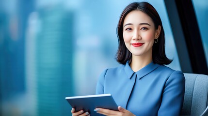 Businesswoman analyzing financial data on a digital tablet, sleek modern office, focused on business success and growth, High dept of field