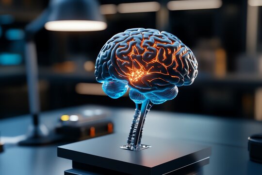 A 3D holographic brain model with illuminated neural connections showcased on a modern workspace desk, representing artificial intelligence. - Powered by Adobe