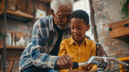 Obraz premium A grandparent teaching their grandchild practical skills, like sewing or fixing a bike