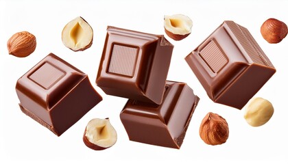 Levitating Cubes of milk chocolate bar with hazelnuts isolated on white background. Flying Chocolate candies close up.