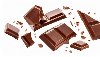 Fototapeta premium Levitating milk chocolate bar pieces isolated on white background. Pattern. Crumbs, shavings and Flying Chocolate chunks Top view. Flat lay.