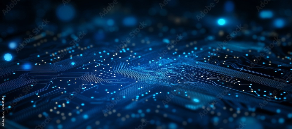 Poster on a dark blue background, an abstract technology computer circuit board and science are displayed