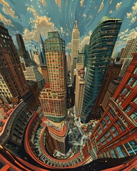 Obraz premium Fish eye view of a vibrant urban cityscape with tall skyscrapers and a dynamic, curved perspective under a blue sky with clouds.