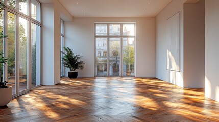 Fototapeta premium Empty bright room with wooden floor, minimalist interior with plant and sunlight from the large window.