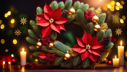Fototapeta premium lush christmas wreath with deep red poinsettias pine branches golden ornaments soft bokeh background warm candlelight glow festive elegance closeup detail