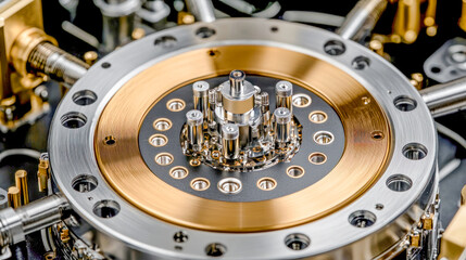 Representation of quantum processors with cooling systems and nested chips based on superconducting circuits symbolizing modern technological advancements in quantum computing