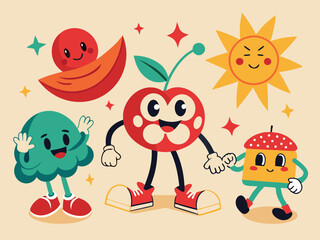 Cartoon abstract character. Retro trendy characters, comic sun and cloud, mascot running cherry, shape star with legs and hands, heart with funny face, vintage mushroom. Vector set 

