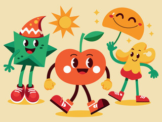 Cartoon abstract character. Retro trendy characters, comic sun and cloud, mascot running cherry, shape star with legs and hands, heart with funny face, vintage mushroom. Vector set 
