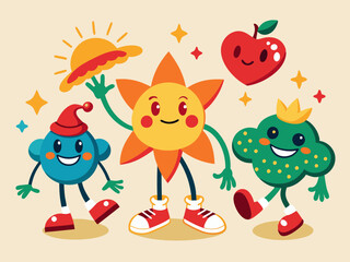 Cartoon abstract character. Retro trendy characters, comic sun and cloud, mascot running cherry, shape star with legs and hands, heart with funny face, vintage mushroom. Vector set 
