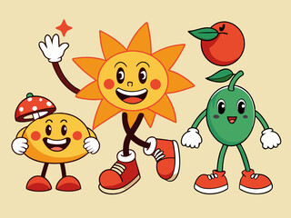 Cartoon abstract character. Retro trendy characters, comic sun and cloud, mascot running cherry, shape star with legs and hands, heart with funny face, vintage mushroom. Vector set 
