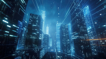 Futuristic Digital Cityscape with Data Streams