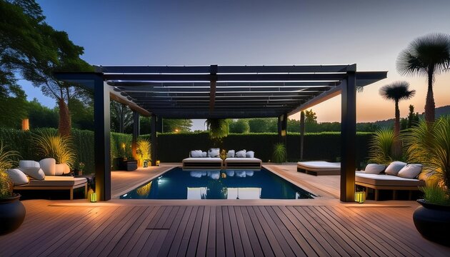 luxe outdoor oasis a sleek black pergola frames a stunning pool area at dusk teak decking and plush lounge furniture create an atmosphere of opulent relaxation amid lush manicured gardens