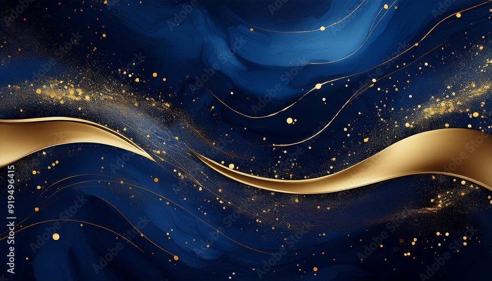 Sticker luxurious abstract background blending deep navy blue with shimmering gold particles creating a fest