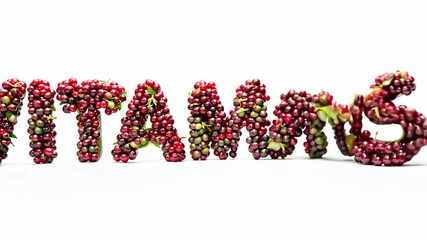 Text "vitamins" formed from many bright berries on white background, symbol of health and natural sources