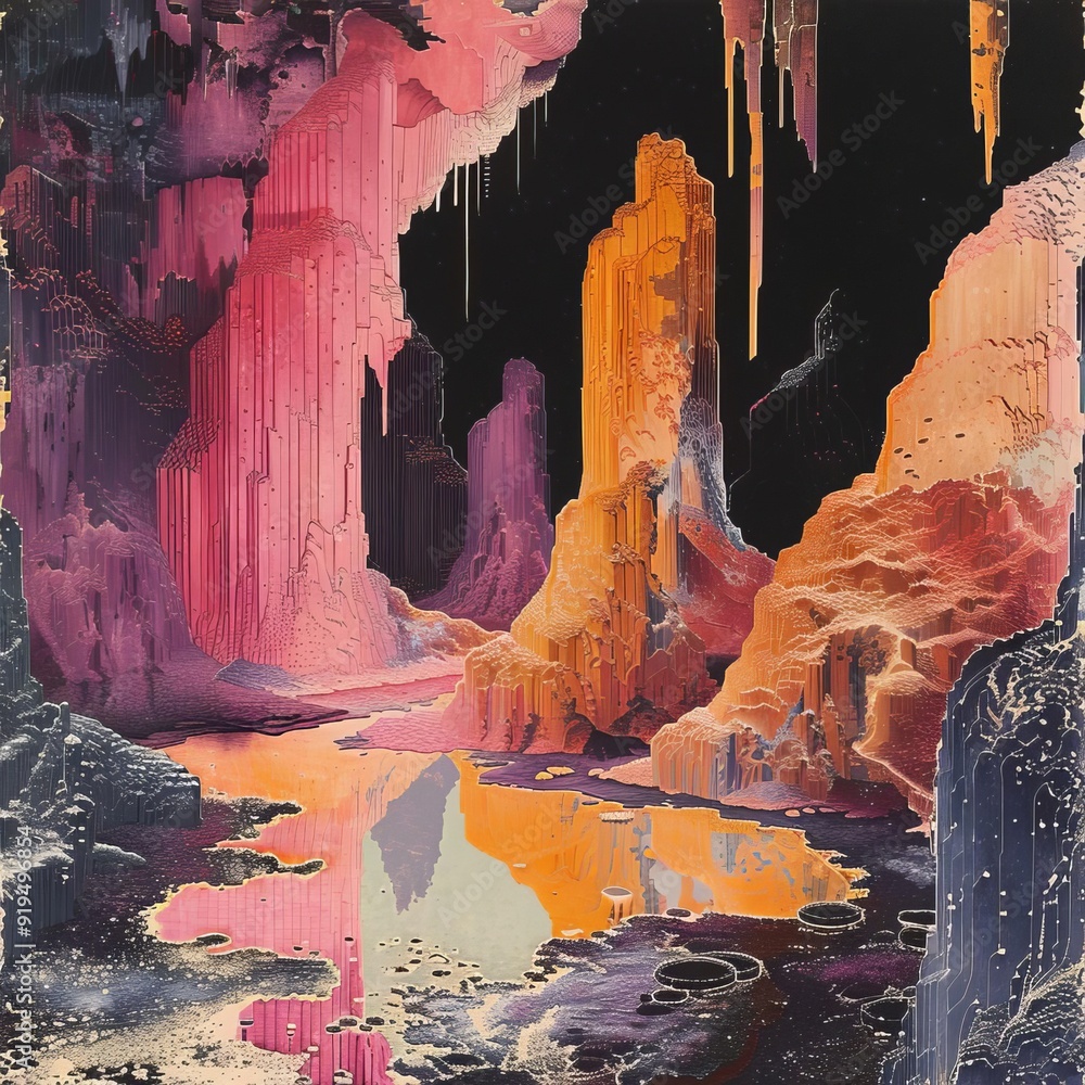 Poster colorful abstract cave landscape with vibrant drips and textures, reflecting light and creating an e