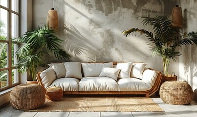 home interior mock up with rattan furniture table,decor in living room 3d render.