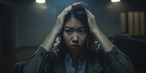 A close-up portrait of a young woman with a worried expression holding her head in her hands.. asian woman