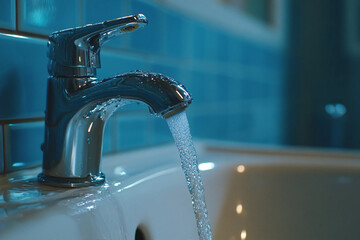 Water flowing from the tap in the bathroom. Shallow depth of field.