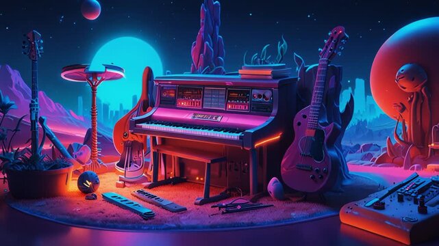 music studio and musical instruments, in cartoon style. Seamless looping 4k video animation