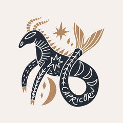 Boho cute zodiac Capricorn sign, horoscope cartoon icon. Astrology cartoon animalistic character symbol, space celestial ornate constellation. Astrological hand-drawn avatar. Modern flat contemporary