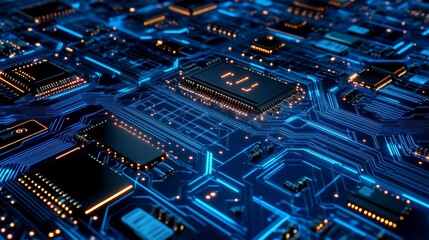 Obraz premium Blue-lit circuit board background. Stock illustration produced afterward.