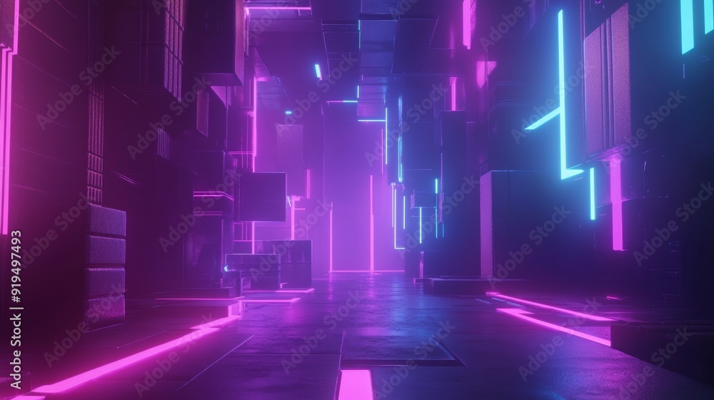 Poster in this 3d rendering, neon lines and shapes glow in ultraviolet light against an abstract geometric 