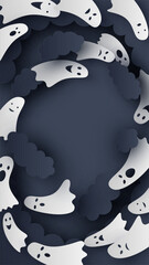 Ghost spirit flying on Halloween night sky. Halloween wallpaper. Happy Halloween. paper cut and craft style. vector, illustration.