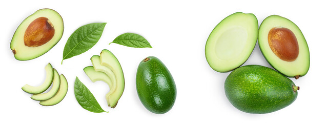 Naklejka premium avocado and slices decorated with green leaves isolated on white background. Top view. Flat lay