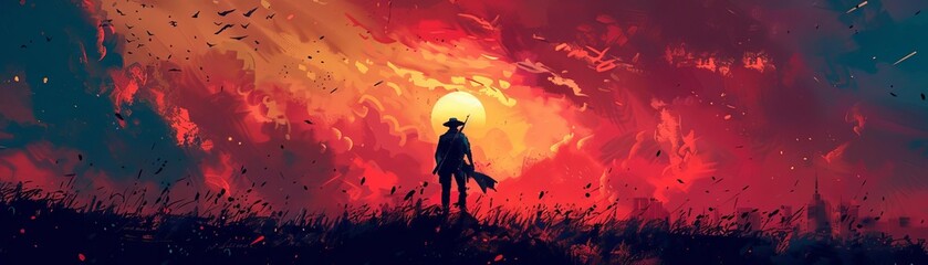 Lone figure stands against a vibrant sunset, blending rich colors of red, orange, and blue. A moment of solitude captured in a stunning landscape.