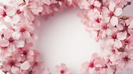 Wreath of small light pink cherry sakura flowers, copy space, natural organic floral frame. The generation of AI